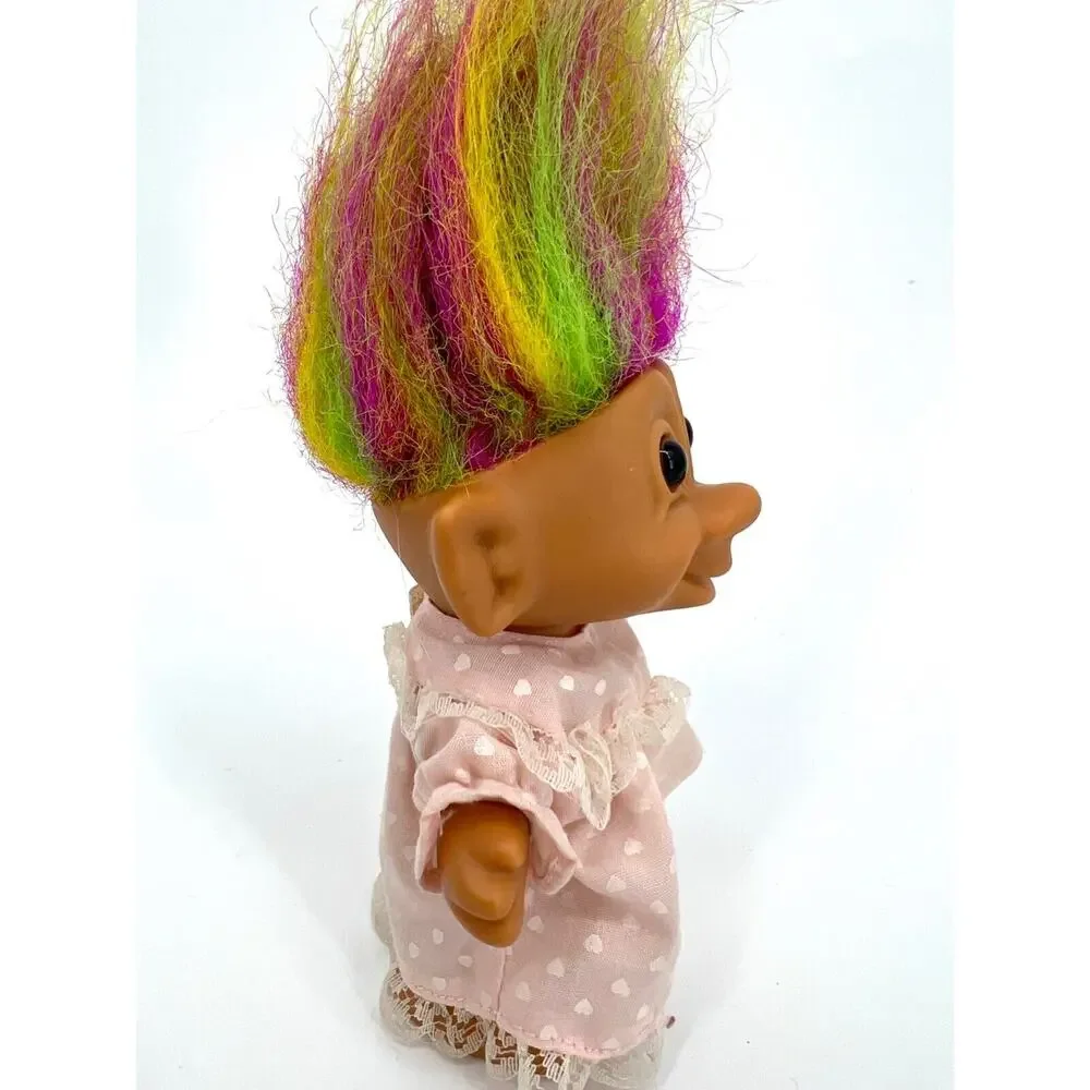 Vintage Bright of America Lucky Troll Doll Pink Dress Rainbow Hair Brown Eyes